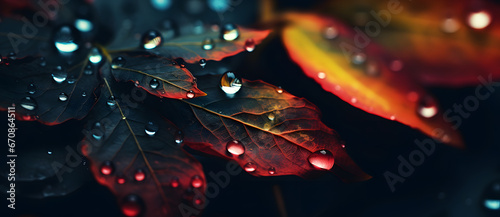 Close-up of a vibrant multicolored Leaves petal with water droplets on a black background 1