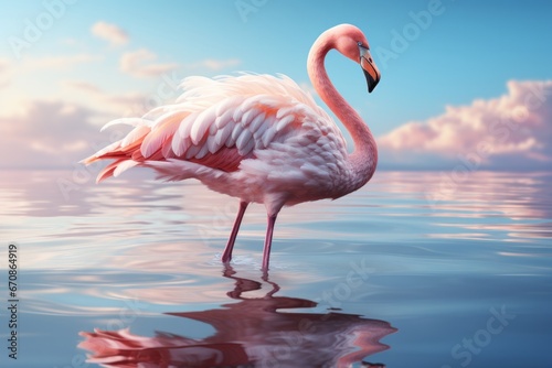 Pastel flamingo in a reflective pose, encouraging mindfulness and relaxation in calming pastels, Generative AI