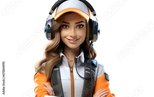 Radar Operator Girl Wearing Headphone 3D Character Isolated on Transparent Background PNG.