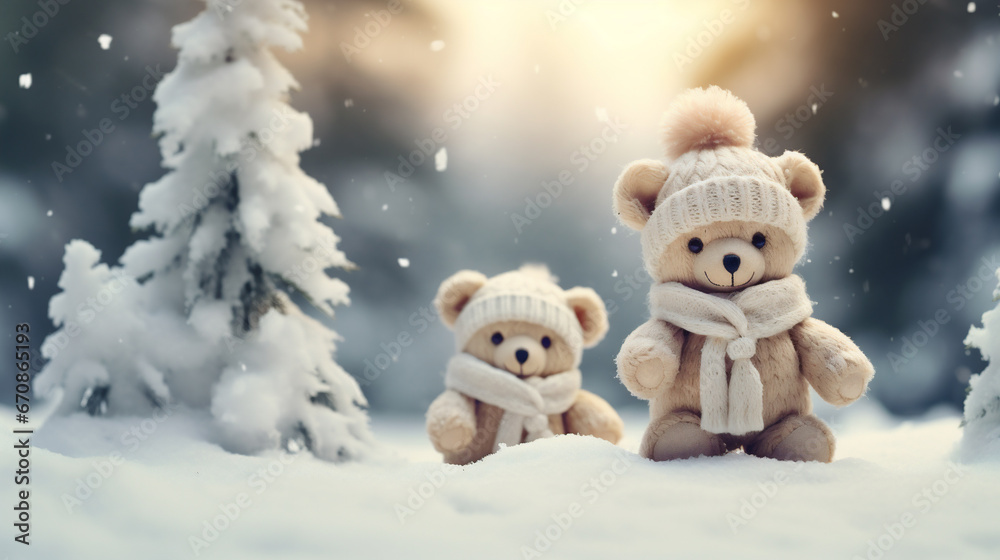 Fototapeta premium Two teddy bears in the winter forest. Christmas and New Year concept.
