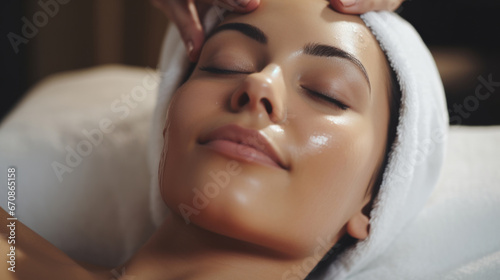 Relaxed woman receiving beauty treatment at a beauty salon. Beautiful radiant skin photo