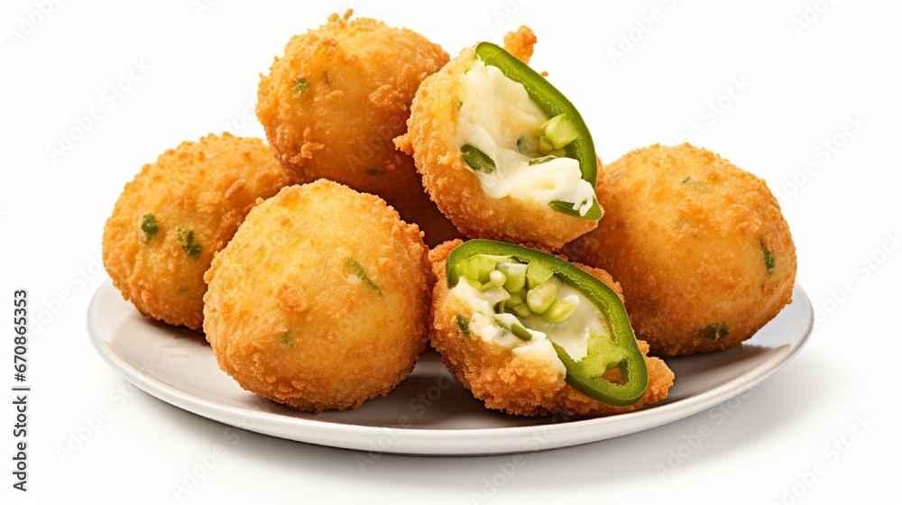 Crispy Cheese Jalapeno Bacon Bites - Cheddar Jalapeno Popper Bites. Fried cheese balls with halopena against a white background. Traditional Mexican cuisine Crispy Cheese Jalapeno Bacon Bites - Cheddar Jalapeno Popper Bites. Fried cheese balls with halopena against a white background. Traditional Mexican cuisine