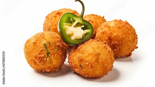 Crispy Cheese Jalapeno Bacon Bites - Cheddar Jalapeno Popper Bites. Fried cheese balls with halopena against a white background. Traditional Mexican cuisine.
