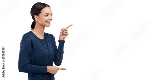 Pointing, profile or happy woman with sale checklist, retail offer or discount deal isolated on png. Transparent background, smile or girl showing steps guide, bullet point info or menu choice promo