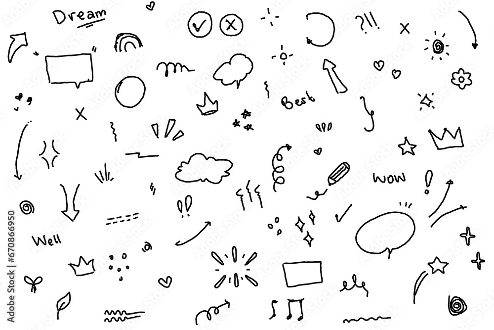 Doodle, cute, glitter, pen, line, elements, heart, arrow, star. Simple sketch line style emphasis, attention, pattern elements. Vector illustration icons set