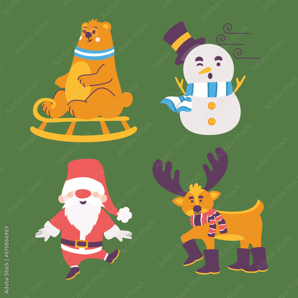 Christmas Vector Characters Set. Bear, Santa, Reindeer, Snowman. cute christmas character, christmas element, christmas collections. Vector Illustrations