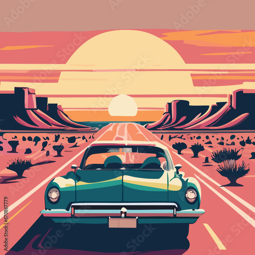 Vintage car drive in highway, Sunshine, Summer road trip, Car drive in highway, Vector car background, Car driving in highway, vector Illustration 