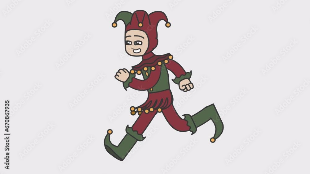 2d animation of running white male smiling jester. Looped 4K video with alpha-channel. 2d animation of running white male smiling jester. Looped 4K video with alpha-channel.