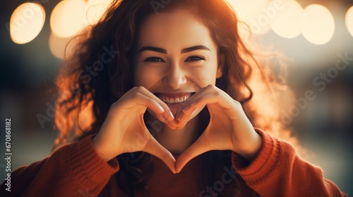 Hispanic woman smiling lovingly and making heart symbol shape with hands. romantic concept. I love you. photo