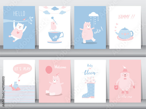 Set of baby shower invitation cards,birthday,poster,template, greeting cards,cute,bear,animals poster,template,Vector illustrations.