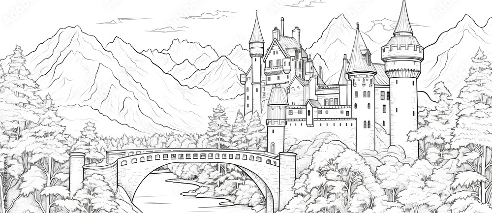 Sketch painting of a castle on a mountain and a natural landscape of mountains and rivers 3