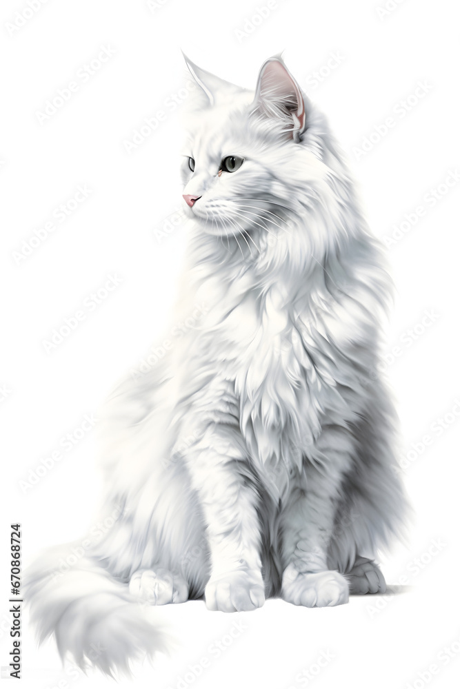 a Fluffy beautiful adult white cat, close portrait ,look up on white background.Generative AI