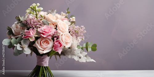 Wedding bouquet of white roses and purple tulips ,Beautiful bouquet of fresh flowers in a vintage vase country style home decor and interior design generative ai
 #670868742