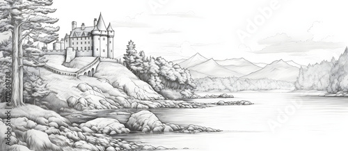 Sketch painting of a castle on a mountain and a natural landscape of mountains and rivers 5 photo