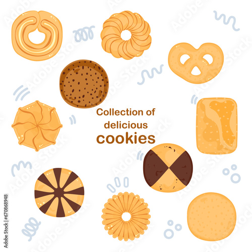 Cartoon cookie vector illustration of delicious food Biscuits and crackers, baked flour products Gingerbread, and chocolate cake. Dessert. Pastry collection isolated on a white background.