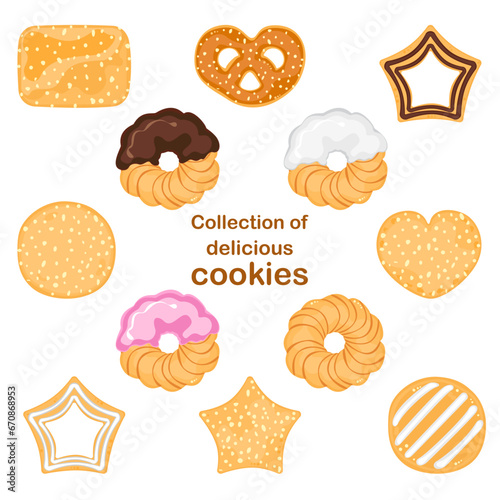Cartoon cookie vector illustration of delicious food Biscuits and crackers, baked flour products Gingerbread, and chocolate cake. Dessert. Pastry collection isolated on a white background.
