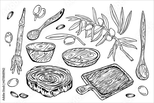Olive oil set, graphic, vector, hand drawn doodle. Elements for food, sunflower, olives, branch, bag, lemon, kitchen board, extra virgin bottle. Oil for cosmetics and serums.