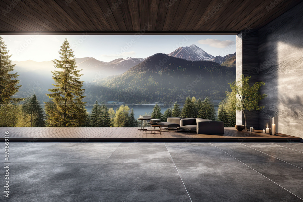 Interior of modern living room with wooden walls, concrete floor ...