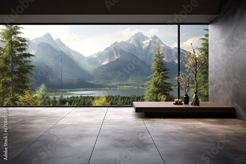 Interior of modern living room with wooden walls, concrete floor, panoramic window and mountain view photo