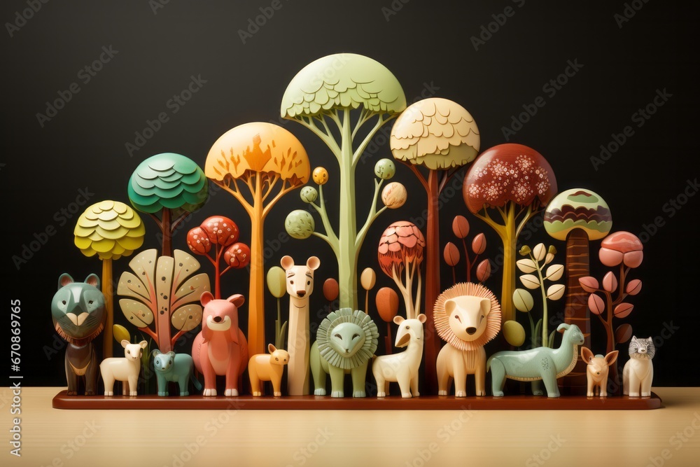 Wooden toy jungle animals set, promoting wildlife discovery and storytelling in gentle pastel tones, Generative AI