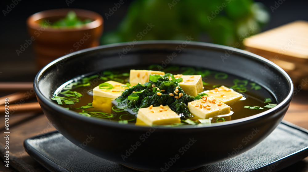 Asian cuisine. Japanese miso soup made from tofu