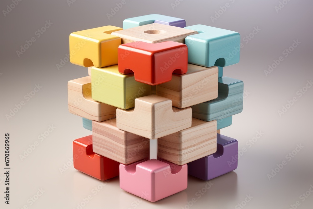 Wooden toy puzzle, inspiring problem-solving and creativity in gentle pastel tones, Generative AI Wooden toy puzzle, inspiring problem-solving and creativity in gentle pastel tones, Generative AI