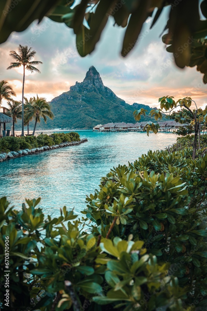 Beautiful Sunset in Bora Bora with a mountain view