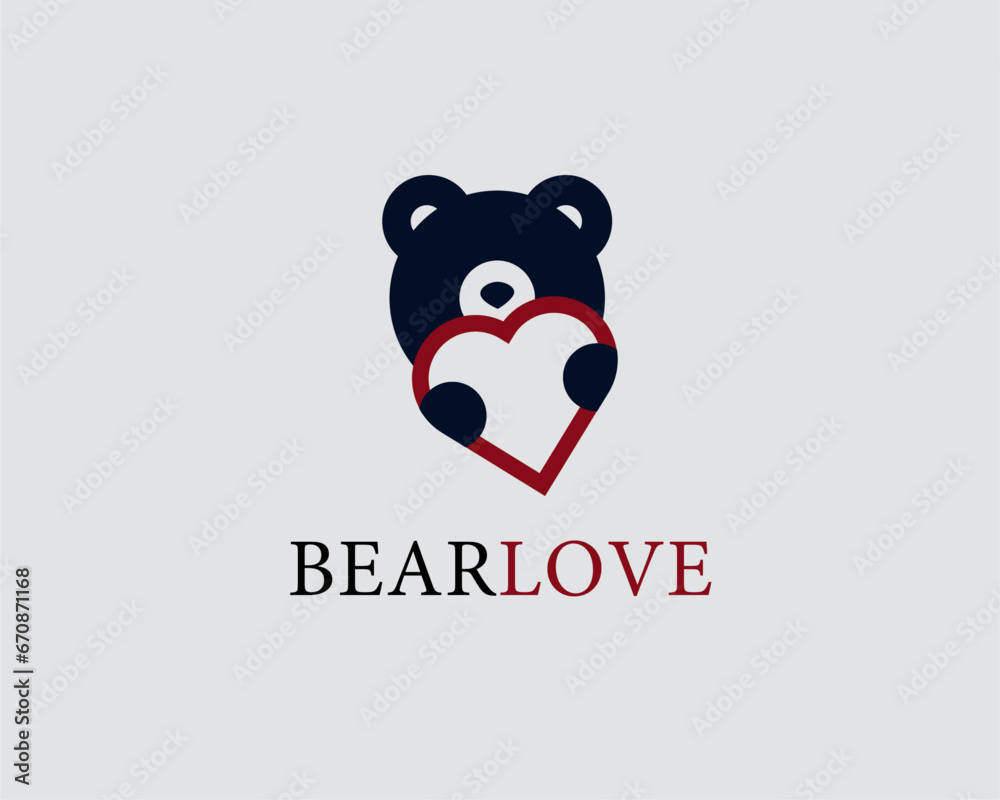 Bear love logo design template. Bear with heart and love icon.
