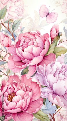 Peony flowers watercolor background. Vertical image for mobile