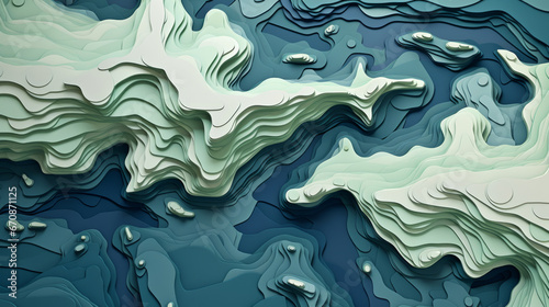 Abstract topographic map landscape. Paper cutout style of mountain and river