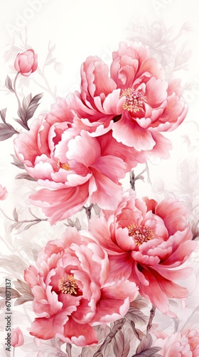 Peony flowers watercolor background. Vertical image for mobile