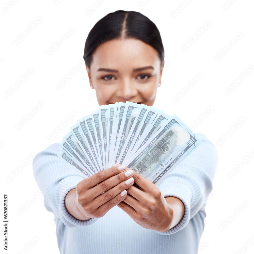 Money, portrait or happy woman with lottery jackpot in gambling competition giveaway or cash prize. Financial, dollars or hands of excited girl winner of deal isolated on transparent png background Money, portrait or happy woman with lottery jackpot in gambling competition giveaway or cash prize. Financial, dollars or hands of excited girl winner of deal isolated on transparent png background