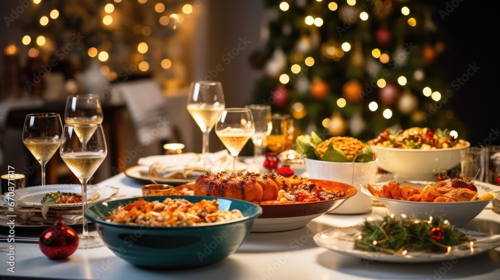 Christmas or New Year's dinner table full of dishes with food and snacks background. - obrazy, fototapety, plakaty 