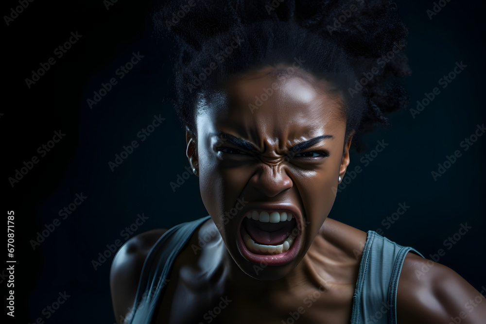 Fototapeta premium Angry young adult African American woman yelling, head and shoulders portrait on black background. Neural network generated image. Not based on any actual person or scene.