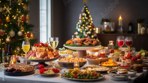 Christmas or New Year s dinner table full of dishes with food and snacks background.