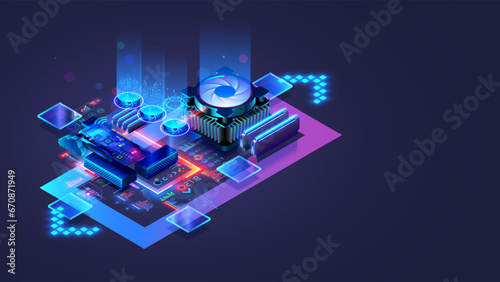 CPU. Abstract digital chip computer processor and electronic components on motherboard or circuit board. Technology develop electronic devices on microchip or microprocessor, hardware engineering. AI.