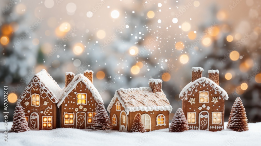 Christmas gingerbread houses on wooden table with bokeh background.