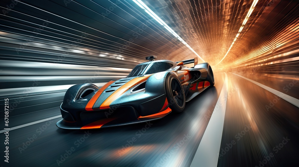 Futuristic Sports Car On Highway. Powerful acceleration of a supercar on a night track with lights and trails. 3d illustration.