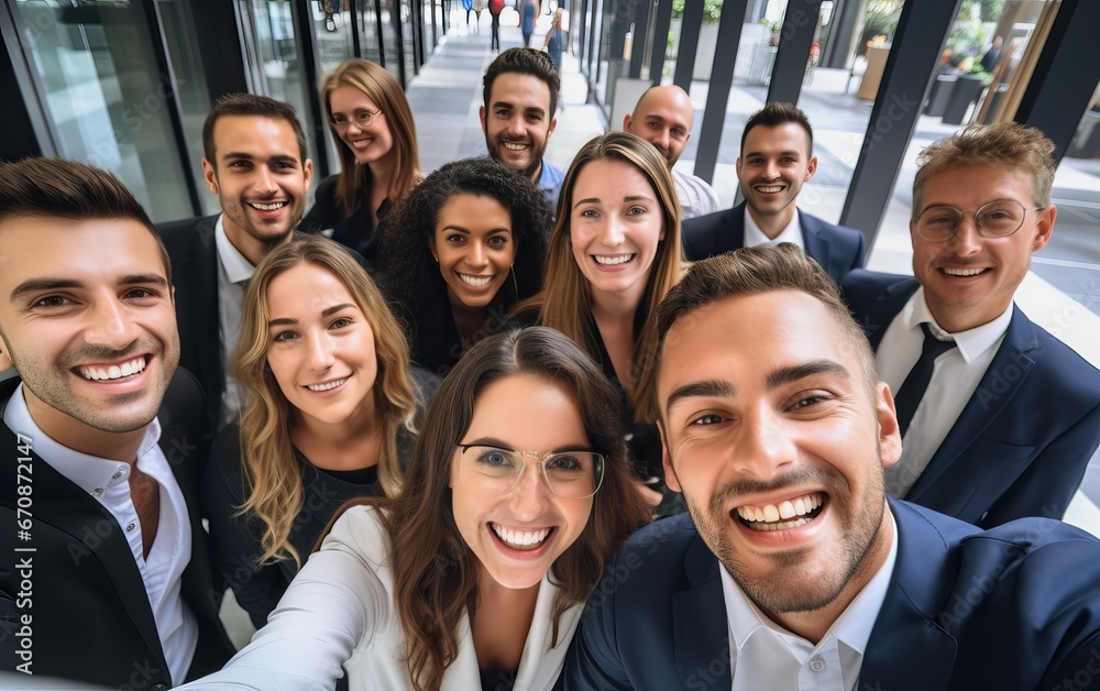 Selfie of happy business people taking photo with a phone. Multiracial teamwork taking a portrait of big group of colleagues. Corporative lifestyle of a diverse office workers in a financial center