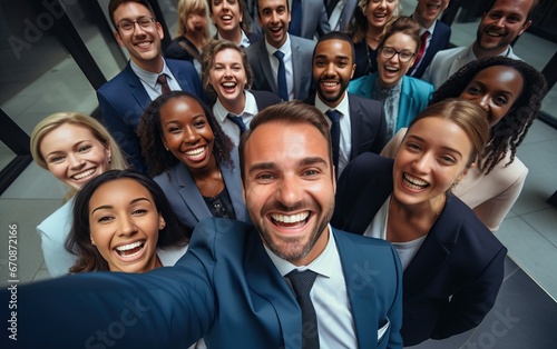 Selfie of happy business people taking photo with a phone. Multiracial teamwork taking a portrait of big group of colleagues. Corporative lifestyle of a diverse office workers in a financial center photo