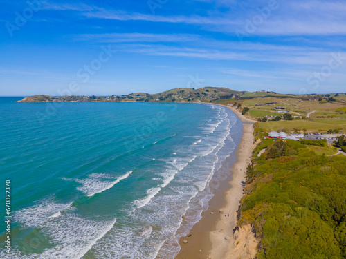 Drone view of Moeraki beach in New Zealand_                                          