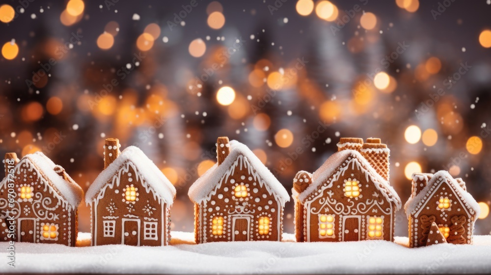 Christmas gingerbread houses on wooden table with bokeh background.