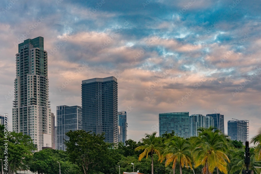Morning skyline of Miami, Florida featuring a stunning view of downtown skyscrapers