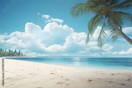 tropical beach view with white sand  turquoise water and palm tree. Neural network generated image. Not based on any actual scene or pattern.