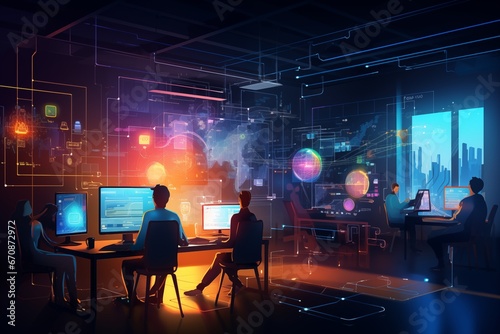 High-Tech Digital Workspace with Futuristic Holograms