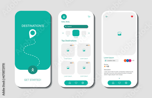 Design reviews of online holiday destinations for mobile applications. Holiday tourist destination review platform screen. Graphical user interface for responsive mobile applications