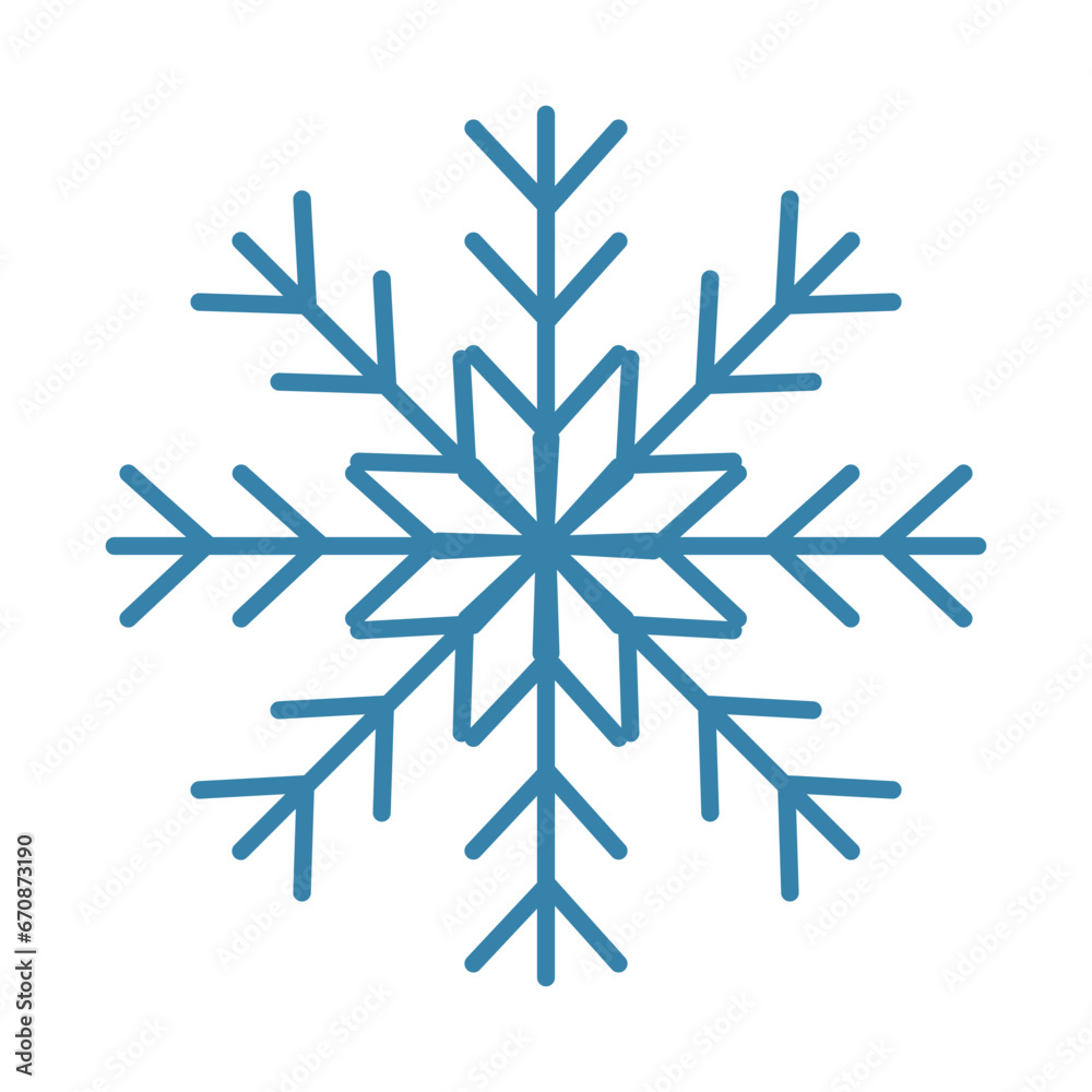 Blue snowflake on a white background, icon.Simple blue snowflake hand drawn. Vector illustration.