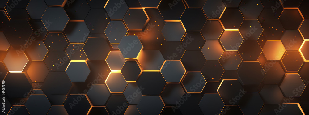 Abstract futuristic luxurious digital geometric technology hexagon background banner illustration. Glowing gold, brown, gray and black hexagonal shape texture wall - obrazy, fototapety, plakaty 