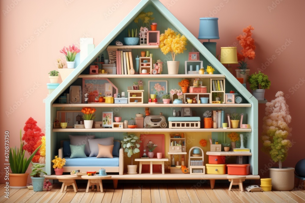 Wooden toy dollhouse, inviting storytelling and role-playing in vibrant pastels, Generative AI