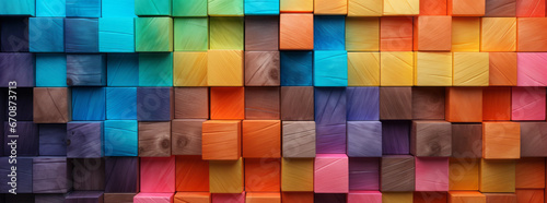 Abstract geometric rainbow colors colored wooden square cubes texture wall background banner illustration panorama long, textured wood wallpaper photo
